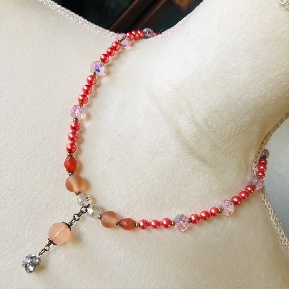 Handcrafted repurpose elegant crystal antique rose Czech glass Pearl necklace